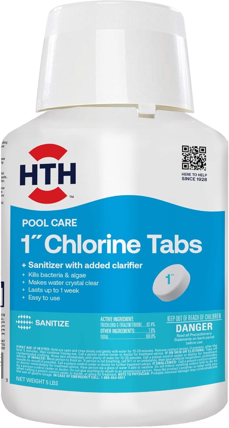 HTH 42047 Pool Care 1" Chlorine Tabs, Swimming Pool Sanitizer with Added Clarifier - Eliminates Bacteria & Algae, Makes Water Clean & Crystal Clear, Sanitizes & Protects - Slow Dissolving, 5 lbs - Image 1